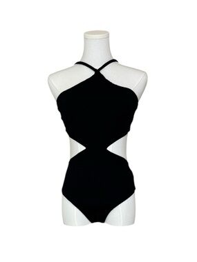 Zara Bodysuit Women M Black Ribbed Cut Out Waist Halter Crisscross Back Y2K